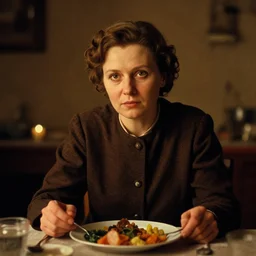 1 9 7 9 a soviet movie still a russian woman sitting at a table with a plate of food in dark warm light, a character portrait by nadya rusheva, featured on cg society, neo - fauvism, movie still, 8 k, fauvism, cinestill, bokeh