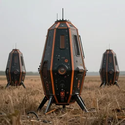 futuristic survival pods in a field, biotechnical design, black and orange colour palette, intricate details, generative design structure