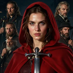 cinematic shot of an epic portrait of a warrior woman in a red cloak, with a sword, shiny skin, beautiful eyes, beautiful, small details, night setting, realistic poster with volumetric light from ivan aivazovsky, craig malliz, artgerm, jeremy lipkin and michael garmash, unreal engine, radiant light, detailed and complex environment, digital art, trends on art station