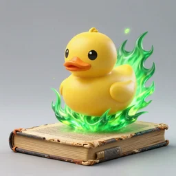 A yellow mecha rubber duck exploding from the green flames of an old tome.