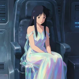 beautiful young Himalayan woman, sitting in personal quarters of spaceship, sad, futuristic, somber, iridescent flowing dress, draped iridescent fabric, by Makoto Shinkai and Wojtek Fus, by studio trigger, rossdraws, ambient occlusion, clean lineart and color, vibrant