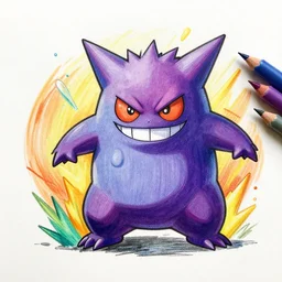 gengar transformation, colorful drawing, pencil, markers, black lines, vibrant, colorful, high detail