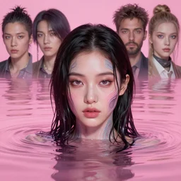 lee jin - eun emerging from pink water in cyberpunk theme by greg rutkowski, claude monet, conrad roset, takato yomamoto, frederick edwin church, rule of thirds, seductive look, beautiful, refined, masterpiece, complex face anatomy