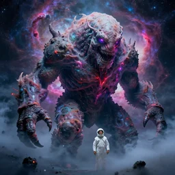 a gigantic terrifying space monster, nebulae, neon fog, hyperrealism, richard estes, alan bean, noriyoshi ohrai - n 1 0
