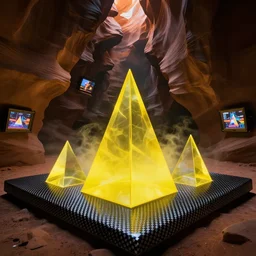 translucent pyramids inside a carbon fiber low poly plate ice cavern, antelope canyon, yellow fluid simulation, dark scene illuminated by screens, 2 0 0 0 s spy kids aesthetic, high contrast, johfra bosschart, octane render, ray tracing, specular highlights, volumetric fog, trending on artstation, 6 k, wallpaper