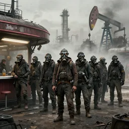 waiting in line for crude oil by simon stalenhag and gil elvgren and tom bagshaw and marc simonetti and jan miense molenaer and arthur adams, dystopian slums, refinery diner, highly detailed, hyperrealism, smog, high contrast, smogpunk, oilpunk, low saturation, intricate complexity, gas masks