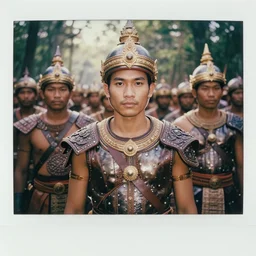 matte close - up portrait of smart and handsome khmer warlords who assemble in the forest backlighting in crowd of battlefield, ethnic costume, leather and metal armored, traditional decoration, elegant, loin cloth, highly detailed, 8 k, cinematic lighting, global illumination, ornate, super detailed, faded color polaroid, a colorized photo, colorized, # film, movie still