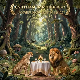 cheetah and lion in front of birthday table in fairytale forest , huge scale, high detail, intricate by Jonathan Bentley