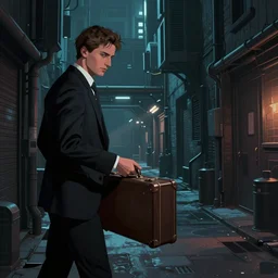 businessman handing over a suitcase, detailed digital illustration by greg rutkowski, cyberpunk back alley, nighttime