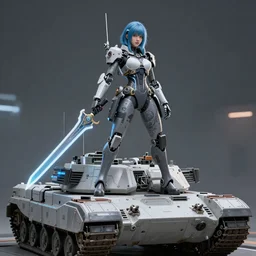 Hot young woman with grey skin, blue hair, tattoos, wearing cyborg body components and holding advanced laser sword on top of an advanced futuristic tank, full figure, hyperrealistic, photorealistic, HDR, volumetric lighting, bokeh