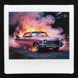analog polaroid of a chrome cadillac on fire, pink and orange color bleed, intense smoke and fire