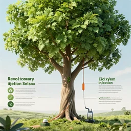 a revolutionary tree injection system avoiding foliar spray, cutting edge technology, direct xylem injection, infographic, solarpunk concept art.
