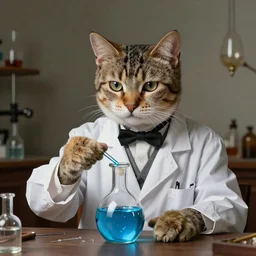 portrait of an aristocratic cat dressed as a scientist crafting a modern transparent little bottle filled with magic blue iridescent liquid, art highly detailed, by frank frazetta, keith parkinson and greg rutkowski and aleksandra skiba, concept art,