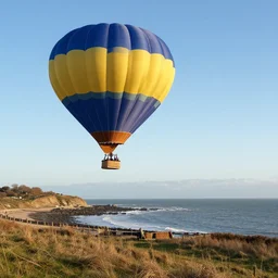 a beautiful 8 k photo of a hot air balloon flying across the english coast in early winter, highly detailed photo