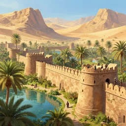 highly detailed 4K fantasy matte painting of a lively roman stronghold fort in the mountain desert lush oasis palm trees water reflections guards standing on the walls looking out at the sahara digital art by Greg Rutkowski and Thomas Kinkade, trending on Artstation