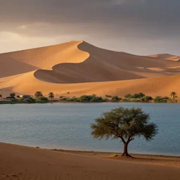 a lake, landscape photography, marc adamus, sahara desert, huge dunes, a river, dramatic lighting, sunrise, tree in the foreground