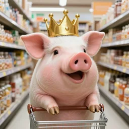 cute pig wearing a gold crown as a Muppet 8k shopping at a grocery store