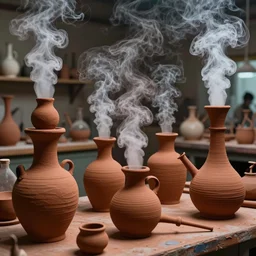 an alchemical laboratory of vapour voices made from ceramic vessels, air flow, clay, no humans, vapour, clay pipes, 8 k, unreal, high resolution, vivid rusty colours,