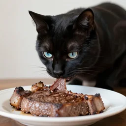 black cat with blue eyes, eating a plate of steak