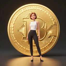 attractive woman posing in front of a huge golden bitcoin, commercial by annie liebovitz, gaston bussiere, craig mullins, j. c. leyendecker
