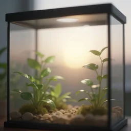 a macro shot inside a terrarium, morning sunrise, digital art, concept, radiant light, soft highlights, smooth render, unreal engine render