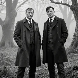 medium long shot, 3 / 4 shot, full body, of clint eastwood and tom hardy posing, in the style of peaky blinders, detalied, highly rendered, black and white, sharp, dreamy, misty woods, epic by diane arbus