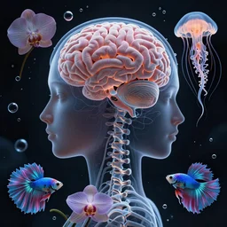 close-up portrait goddess brain,  x-ray, backbone, jellyfish phoenix head, nautilus, orchid, betta fish, bioluminiscent creatures, dark deep complex air bubbles in background, intricate artwork by Tooth Wu and wlop and beeple. octane render, trending on artstation, greg rutkowski very coherent symmetrical artwork. cinematic, high contrast, hyper realism, high detail, octane render, 8k