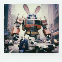 epic pose!!! giant oversized battle rabbit robot chubby mech transformers retro boombox delorean robot fusion carbot double decker with giant oversized ears and rabbit babies, in busy city, full body, cinematic focus, polaroid photo, vintage, neutral dull colors, soft lights, foggy mist, by oleg oprisco, by thomas peschak, by discovery channel, by victor enrich, by gregory crewdson