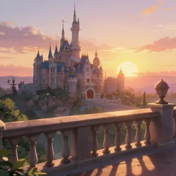 anime digital art view from castle balcony sunset