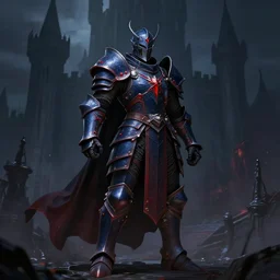 Grimdark Paladin, justice, navy blue/red armor, darkness, shadowy castle background, heroic pose, dnd, d&d, trending on artstation, artstationHD, artstationHQ, matte painting, chiaroscuro