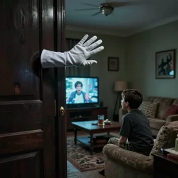 a disembodied white gloved hand sticking out horizontally from behind a dark doorway, waving at a terrified boy watching tv in a living room, haunted, scary