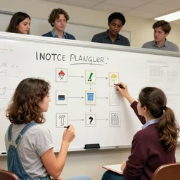 an e - girl learning python and two women working on a architecture problem on a whiteboard. a team is using planning poker in the background in the style of a norman rockwell painting