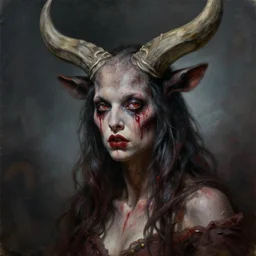 highly detailed sharp focus extremely hyperrealistic horrifying creepy 3 / 4 portrait oilpainting of minotaur lady portrait bu michael hussar in style of michael hussar 8 k