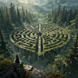 overlooking a large maze in forest from top of cliff down, game of thrones, volumetric lighting, fantasy artwork, very beautiful scenery, very realistic painting effect, hd, hdr, cinematic 4 k wallpaper, 8 k, ultra detailed, high resolution, artstation