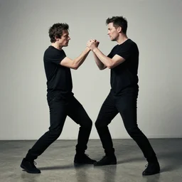 thom yorke fighting with greenwood, full body, realistic