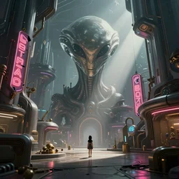 beautiful picture of an alien world with sleek architecture, steampunk, ultra detailed, broken neon signs, a tiny girl watching on, elegant, trending on artstation, dramatic lighting, light rays and shadows, octane render directed by stanley kubrick