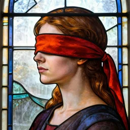 beautiful detailed side - view portrait of philippa eilhart, a blindfolded woman, hidden eyes, red and orange blindfold, pigtails, stained glass window, masterful, backlit