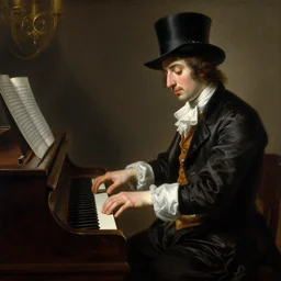 a realistic baroque painting of a magician playing piano, realistic and detailed, coherent.