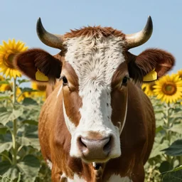 a cows face with a landscape of sunflowers behind it, photorealistic