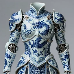 porcelain cyborg armor, Chinese Kangxi Blue and white dragon pattern porcelain, diffuse lighting, fantasy, intricate, elegant, highly detailed, lifelike, photorealistic, digital painting, artstation, illustration, concept art, smooth, sharp focus, art by John Collier and Albert Aublet and Krenz Cushart and Artem Demura and Alphonse Mucha