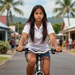 a beautiful fijian college female with straight shiny dark hair is riding a bicycle through her quaint island town alone, background is fiji, digital illustration, art by artgerm, trending on artstation, symmetrical facial features, intricate, elegant, amazing detail, concept art, sharp focus, cinematic lighting