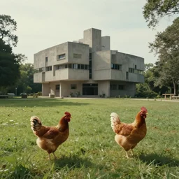 a cinematic still of beautiful landscape, olmsted, brutalist chicken man
