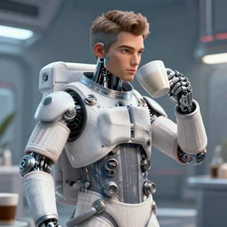 ☕, portrait of a single handsome italian android male wearing striped haute couture futuristic astronaut suit and drinking, huge cups of coffee in a futuristic setting, 3 d photorealistic, parts by beksinski, parts by goro fujita, parts by yue minjun