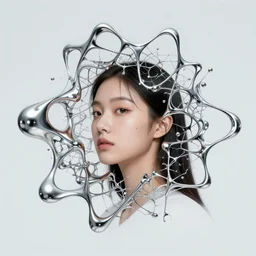A photograph of a young Korean woman, fluid liquid Voronoi structure chromium structure flying in all directions, metallic frame in zero-gravity, structured around head, light grey background, futuristic abstract photography