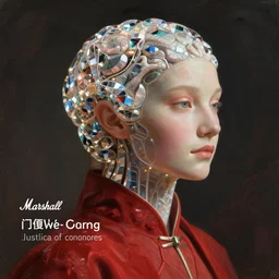 detailed art on artstation, portrait of a benevolent post-human super-intelligence, the marshall values justice and courage, dressed in red clothes with a crystalline neural lace, futuristic, utopian