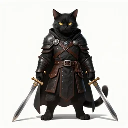 khajit tabaxi catfolk humanoid with maine coon features and black fur holding two shortswords cloaked in shadow and wearing leather armor, dungeons and dragons, pure white background, scar on face on left eye, eyepatch on left eye, fantasy, tarot card style, character concept, high detail, hyper realistic