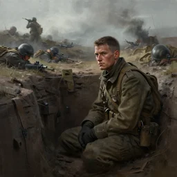 beautiful digital painting of a lone survivor, one soldier after his squad killed in action in a trench waiting for the war to end. cinematic lighting and rendering, atmospheric, concept art, high detailed faces, artstation, underpainting by artgerm and greg rutkowski, overlay by eddie mendoza