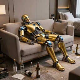 portrait photo of a shiny golden and blue metallic futuristic steampunk humanoid robot sleeping on a sofa in a modern hotel room with empty bottles all over the floor, furniture thrown over on the floor, messy, pressphoto, insanely detailed, wide shot
