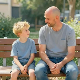 bald father and son with blonde hair sitting on a bench and talking in tel aviv by monet