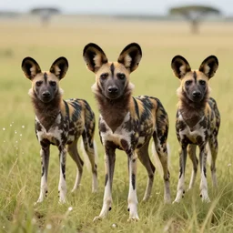 a pack of african wild dogs on the african plains, friendly, long grass, sparkling water, glistening, hyper realistic, hyper detailed, digital art, trending in artstation, cinematic lighting, studio quality, smooth render, unreal engine 5 rendered, octane rendered, by paul lehr